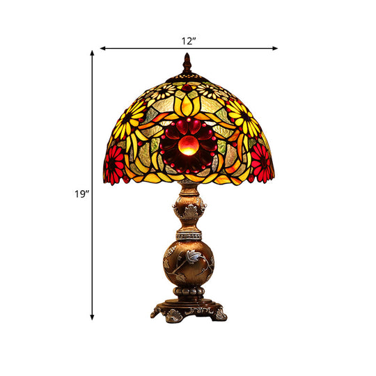 Chrysanths Tiffany Stained Glass Table Lamp - Brown Night Stand Light With Dome Shade