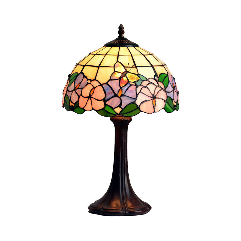 Tiffany Grid Shade Table Lamp: Hand-Crafted Glass 1-Light Night Light With Flower And Butterfly