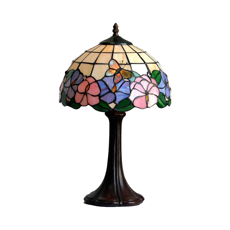 Tiffany Grid Shade Table Lamp: Hand-Crafted Glass 1-Light Night Light With Flower And Butterfly