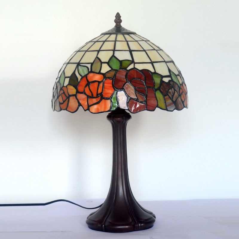 Stunning Tiffany Roseborder Stained Glass Night Lamp With Grid Lampshade - Coffee Table Lighting