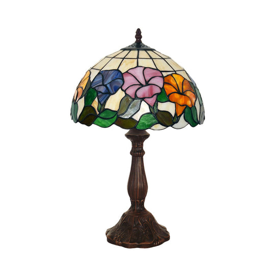 Morning-Glory Cut Glass Table Lamp: Tiffany Style Bronze Finish Single-Bulb Nightstand Light For