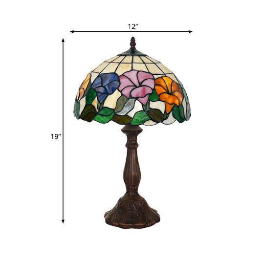 Morning-Glory Cut Glass Table Lamp: Tiffany Style Bronze Finish Single-Bulb Nightstand Light For