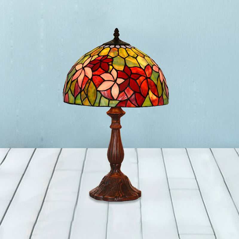 Handcrafted Stained Glass Tiffany Table Lamp - Floral Nightstand Light In Bronze