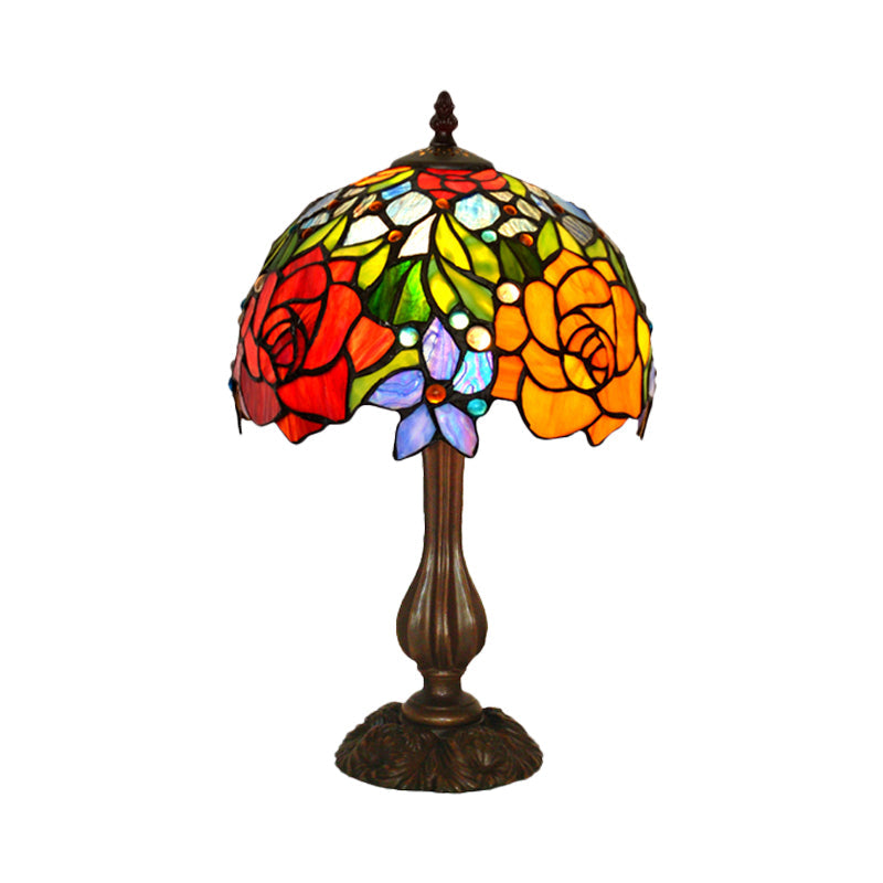 Victorian Blossom Table Lamp With Multicolored Stained Glass - Elegant 1-Head Nightstand Light