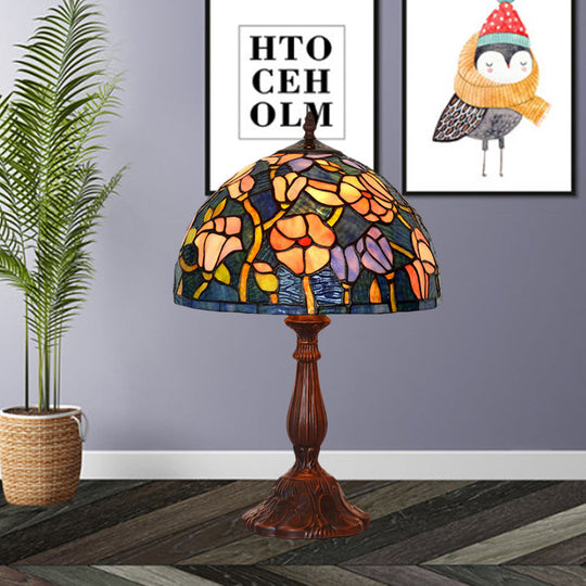 Tiffany Bronze Kitchen Table Lamp With Flower Stained Glass Shade - 1-Light Night Light