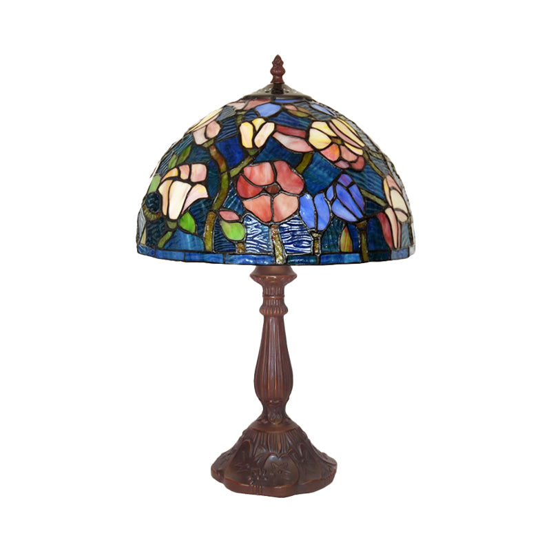 Tiffany Bronze Kitchen Table Lamp With Flower Stained Glass Shade - 1-Light Night Light