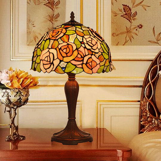 Marina - Bronze Bronze Single Nightstand Light Tiffany Stained Art Glass Peony Table Lamp with Dome Shade