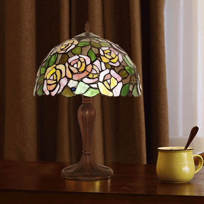 Marina - Bronze Bronze Single Nightstand Light Tiffany Stained Art Glass Peony Table Lamp with Dome Shade