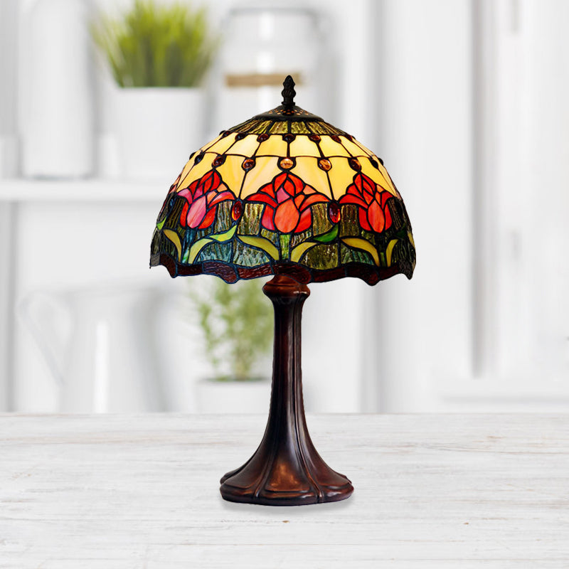 Tiffany Style Stained Glass Night Lamp - Flower Patterned Table Light Bronze Finish