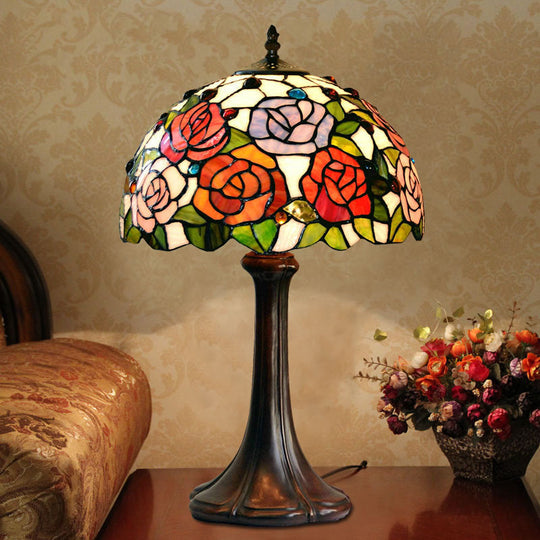 Alphecca - Tiffany 1-Head Jeweled Table Lamp Tiffany Bronze Handcrafted Art Glass Night Lighting with Blossom Pattern