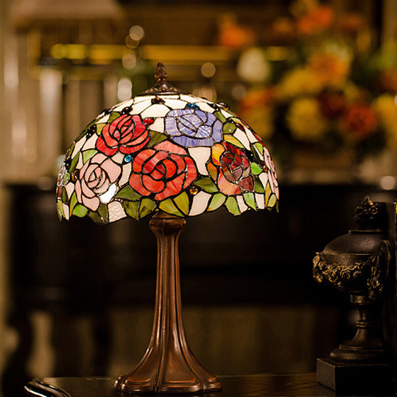 1-Head Tiffany Bronze Handcrafted Art Glass Table Lamp - Jeweled Nightlight With Blossom Pattern