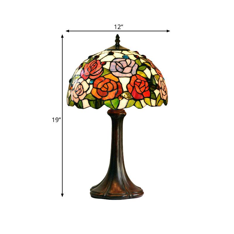 Alphecca - Tiffany 1-Head Jeweled Table Lamp Tiffany Bronze Handcrafted Art Glass Night Lighting with Blossom Pattern