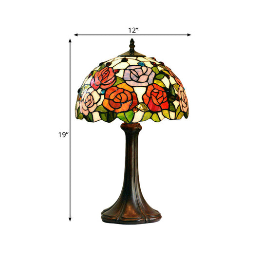 Alphecca - Tiffany 1-Head Jeweled Table Lamp Tiffany Bronze Handcrafted Art Glass Night Lighting with Blossom Pattern