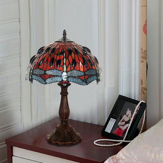 Giedi - Laburnum Laburnum Table Light 1-Light Red Glass Tiffany Nightstand Lamp with Gem-Like Cabochons in Bronze