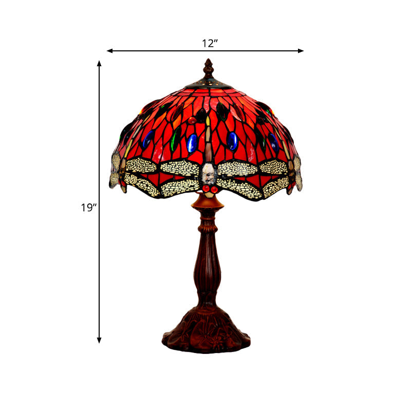 Laburnum Tiffany Nightstand Lamp With Red Glass Shade And Cabochons In Bronze