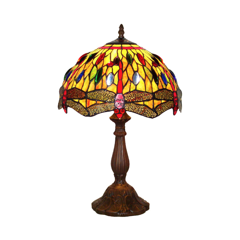 Lounge Night Lamp With Dragonfly Green Stained Glass Shade - Tiffany Bronze Table Light