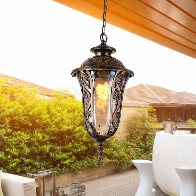 Amber Glass Outdoor Pendant Ceiling Light - Lodge Style With Down Lighting Bronze Finish