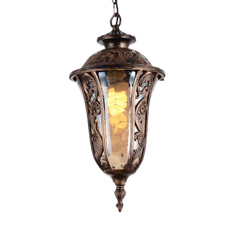 Amber Glass Outdoor Pendant Ceiling Light - Lodge Style With Down Lighting Bronze Finish