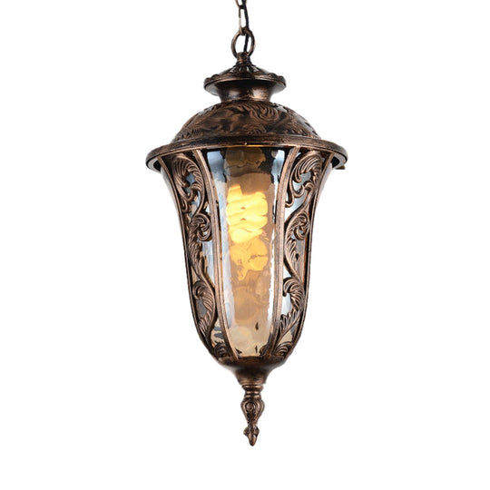 Amber Glass Outdoor Pendant Ceiling Light - Lodge Style With Down Lighting Bronze Finish