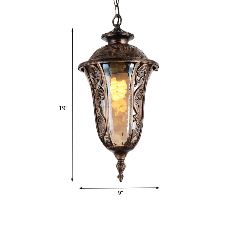 Amber Glass Outdoor Pendant Ceiling Light - Lodge Style With Down Lighting Bronze Finish