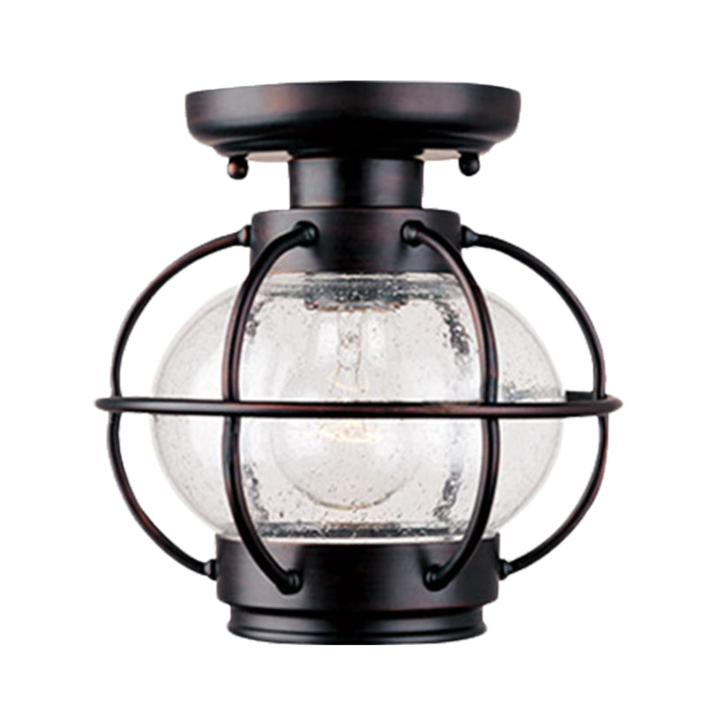 Rustic Coffee Lantern with Metal Cage - Outdoor Semi Flush Rural Mount