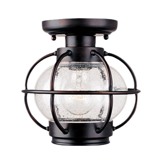 Rustic Coffee Lantern With Metal Cage - Outdoor Semi Flush Rural Mount