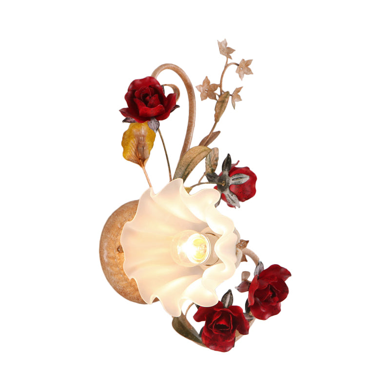 American Flower Wall Sconce 1 Bulb Blooming Light In Red Brown Frosted White Glass -