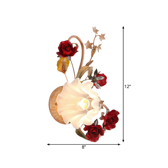 American Flower Wall Sconce 1 Bulb Blooming Light In Red Brown Frosted White Glass -