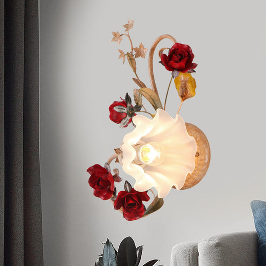 American Flower Wall Sconce 1 Bulb Blooming Light In Red Brown Frosted White Glass -