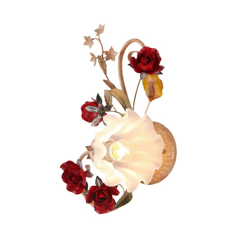 American Flower Wall Sconce 1 Bulb Blooming Light In Red Brown Frosted White Glass -