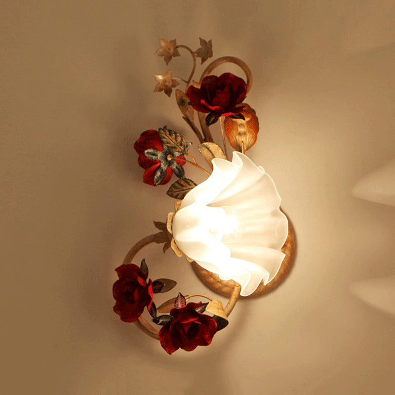 American Flower Wall Sconce 1 Bulb Blooming Light In Red Brown Frosted White Glass -