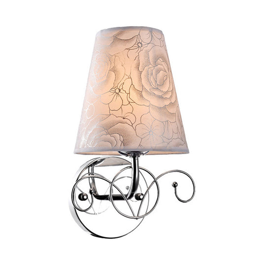 White Wall Lamp With Rose Print Fabric Cone Shade - 1-Light Countryside Sconce For Parlor