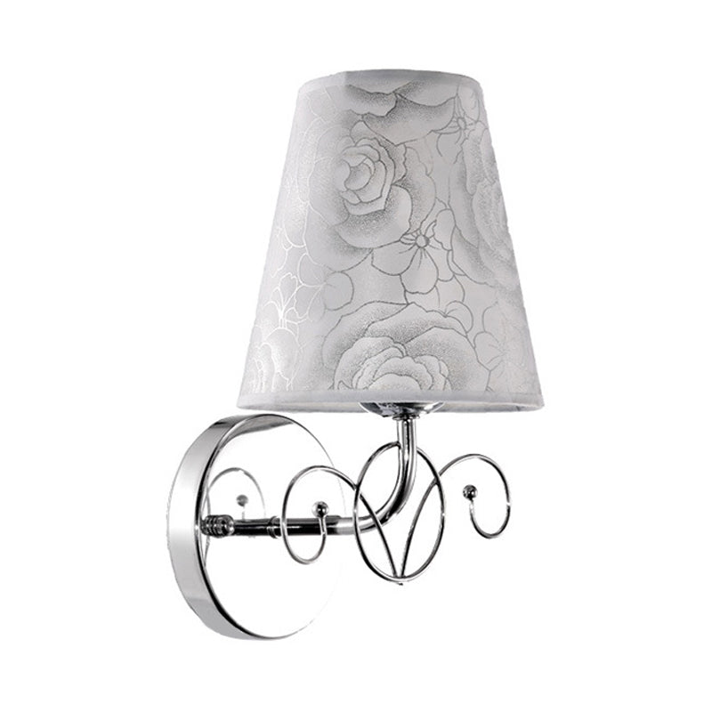 White Wall Lamp With Rose Print Fabric Cone Shade - 1-Light Countryside Sconce For Parlor