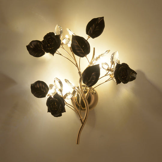 Floweret Ceramic Wall Light Kit With Gold Vine - 3 Head Mount Lighting For Korean Garden In Black