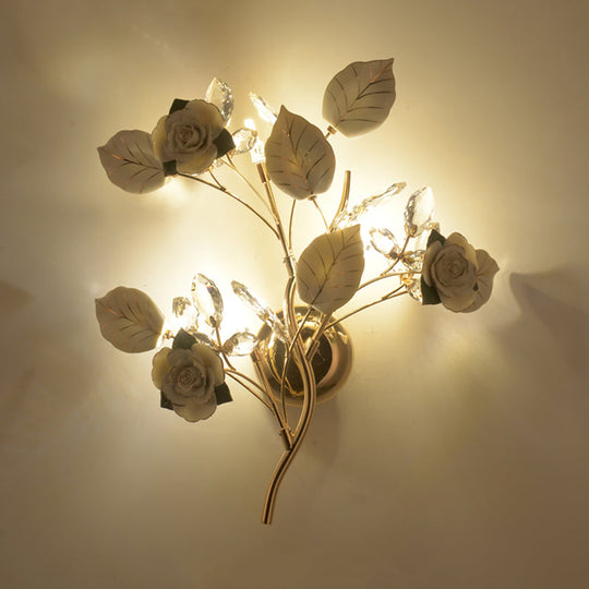 Floweret Ceramic Wall Light Kit With Gold Vine - 3 Head Mount Lighting For Korean Garden In Black