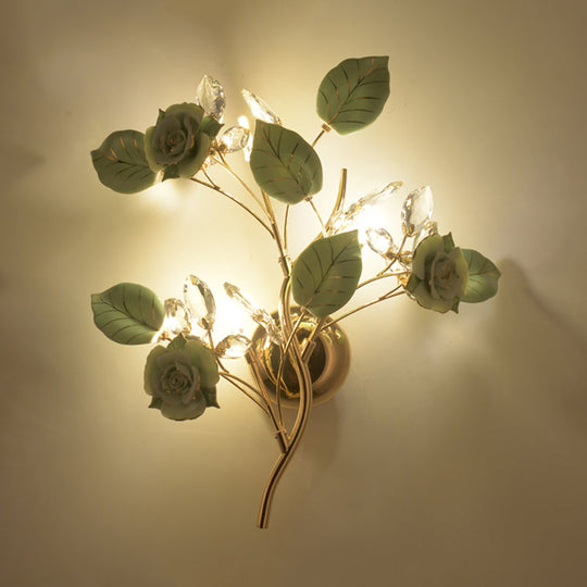 Floweret Ceramic Wall Light Kit With Gold Vine - 3 Head Mount Lighting For Korean Garden In Black