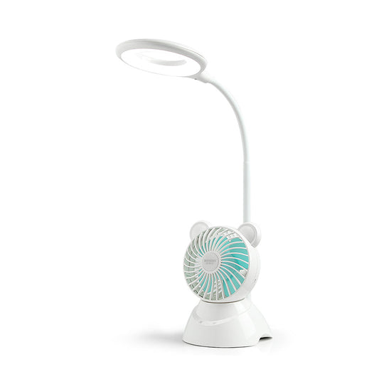 Flexible Led Study Light With Mini Fan - White Macaron Desk Lamp For Kids Room Halo Ring Design