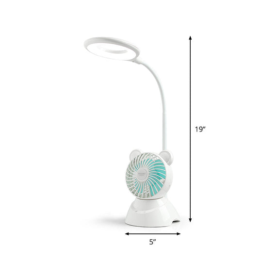 Flexible Led Study Light With Mini Fan - White Macaron Desk Lamp For Kids Room Halo Ring Design