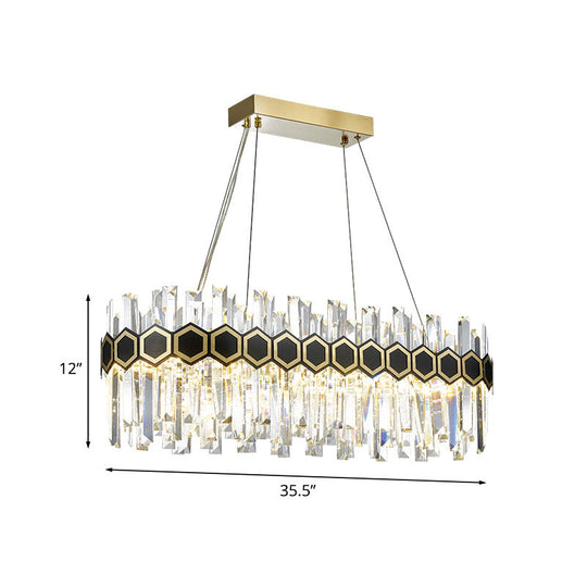 Fluted Crystal Island Lamp: Mid-Century Led Pendant Light In Black-Gold For Dining Room