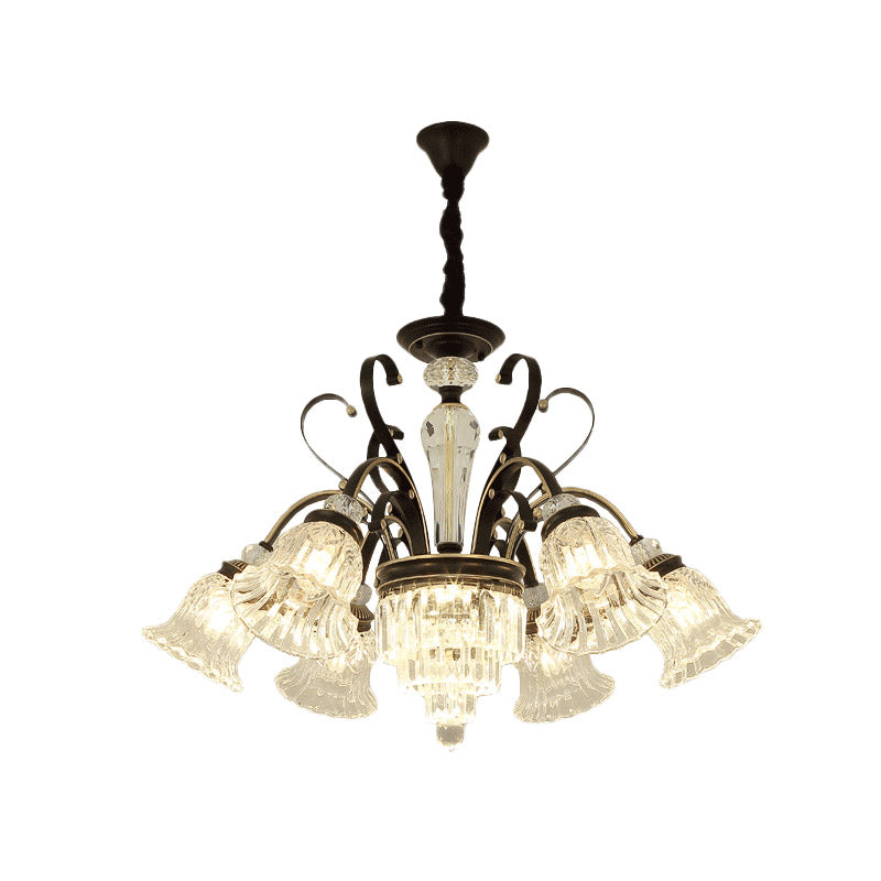 Clear Glass Chandelier With Black Bell Design - 6/8 Heads For Countryside Living Room Ceiling