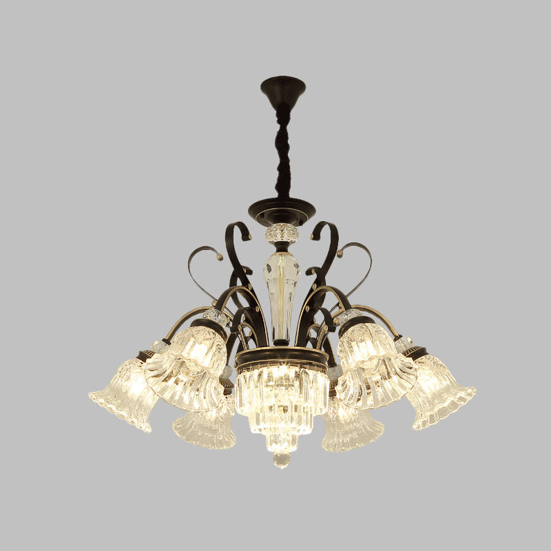 Clear Glass Chandelier With Black Bell Design - 6/8 Heads For Countryside Living Room Ceiling