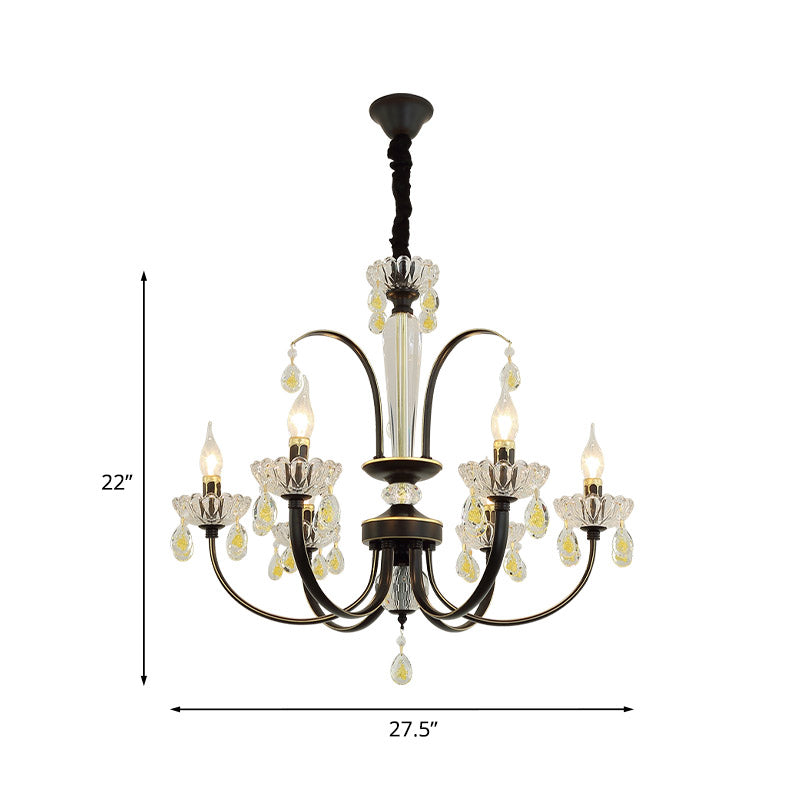 Retro Iron Candle Chandelier With Crystal Accent - Black & Gold 6/8-Bulb Hanging Light