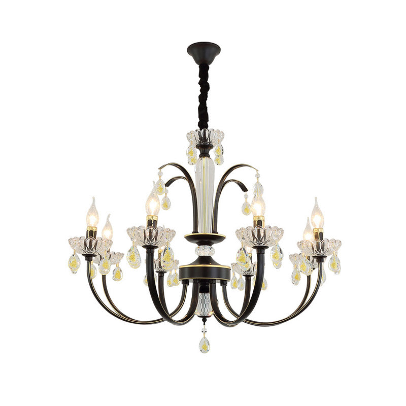 Retro Iron Candle Chandelier With Crystal Accent - Black & Gold 6/8-Bulb Hanging Light