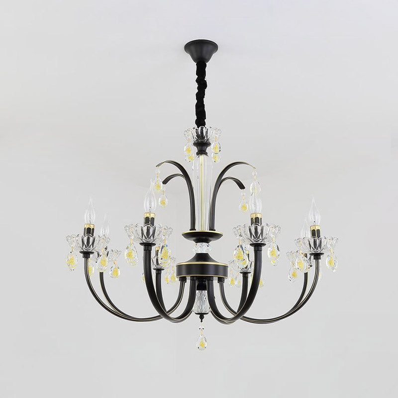 Retro Iron Candle Chandelier With Crystal Accent - Black & Gold 6/8-Bulb Hanging Light