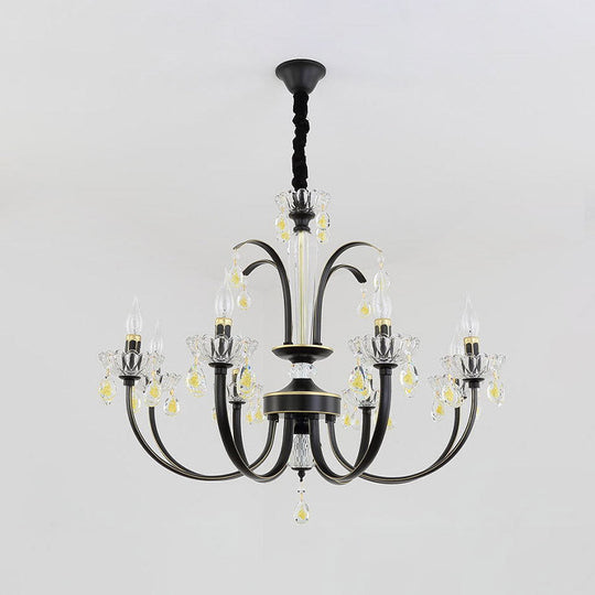 Retro Iron Candle Chandelier With Crystal Accent - Black & Gold 6/8-Bulb Hanging Light