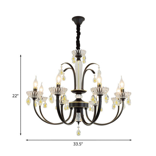 Retro Iron Candle Chandelier With Crystal Accent - Black & Gold 6/8-Bulb Hanging Light