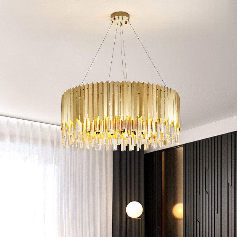 Postmodern Crystal Strip Drum Chandelier Light - Gold Finish 6 Heads Perfect For Dining Tables And