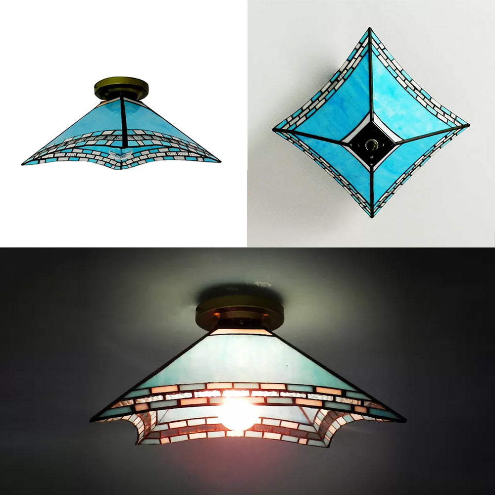 Blue Stained Glass Ceiling Light - Tiffany Flared Semi Flush Mount for Bedroom