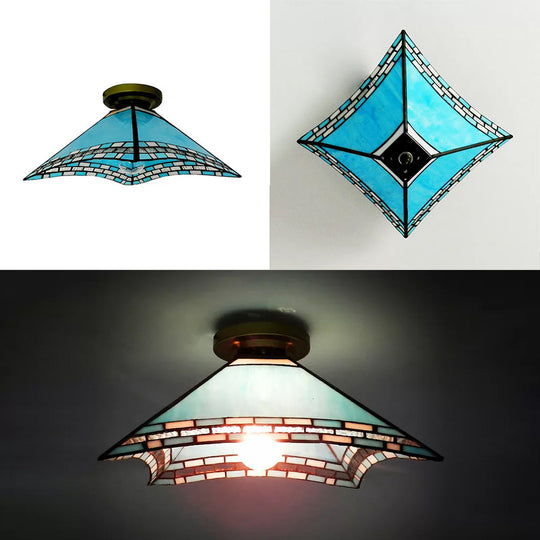 Blue Stained Glass Ceiling Light - Tiffany Flared Semi Flush Mount for Bedroom