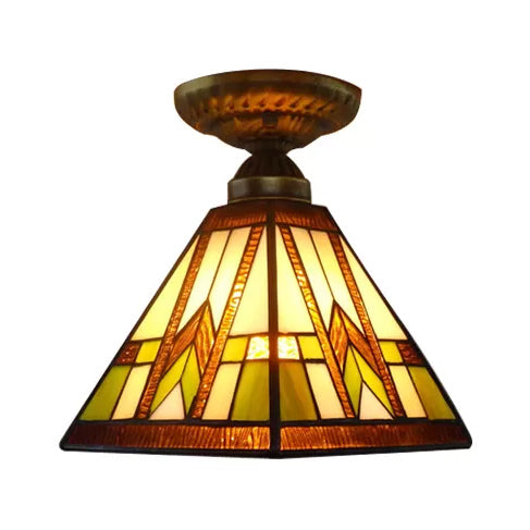 Antique Brass Mission Pyramid Ceiling Light With Art Glass Shade For Hallway